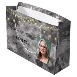 ハッピーバースデー写真エレガント黒ピンクパーティー ラージペーパーバッグ