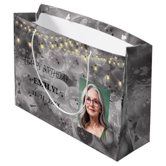 ハッピーバースデー写真エレガント黒ピンクパーティー ラージペーパーバッグ (裏面アングル)