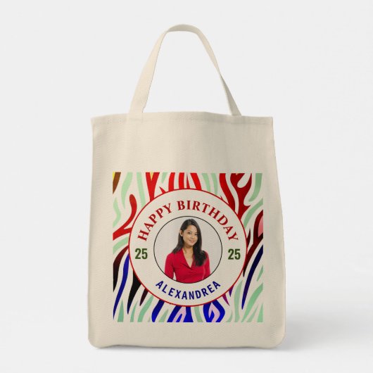 ハッピーバースデー写真カラフルのパーマストライプナライズ トートバッグ (裏面)