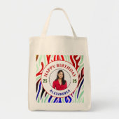 ハッピーバースデー写真カラフルのパーマストライプナライズ トートバッグ (正面)