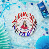 ハッピーバースデー写真カラフルのパーマストライプナライズ ペーパープレート (パーティー)