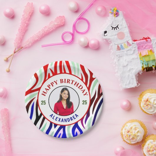 ハッピーバースデー写真カラフルのパーマストライプナライズ ペーパープレート (パーティー)