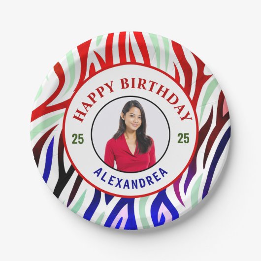 ハッピーバースデー写真カラフルのパーマストライプナライズ ペーパープレート (正面)