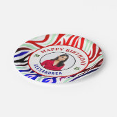 ハッピーバースデー写真カラフルのパーマストライプナライズ ペーパープレート (アングル)