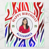 ハッピーバースデー写真カラフルのパーマストライプナライズ ワインラベル (シングルラベル)