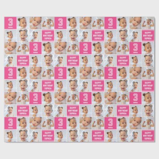 ハッピーバースデー写真コラージュ任意の年齢ピンク白 ラッピングペーパー (フラット)
