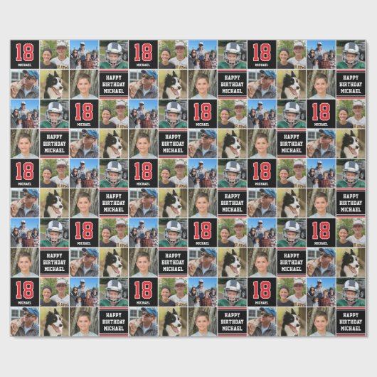 ハッピーバースデー写真コラージュ任意の年齢赤黒 ラッピングペーパー (フラット)