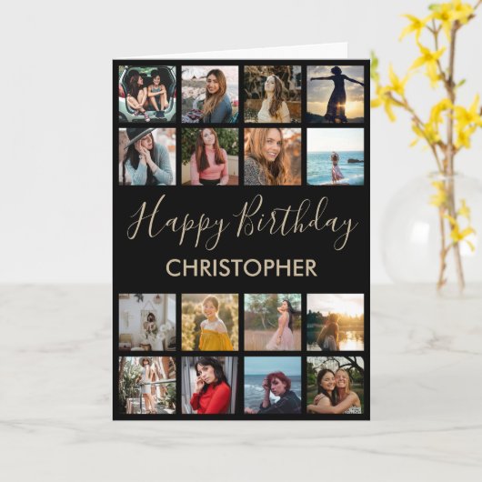 ハッピーバースデー写真コラージュ16枚のあらゆる年齢向け写真 カード (黄色い花)