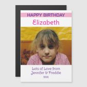 ハッピーバースデー写真名パープル磁気カード マグネット招待状 (正面/裏面)