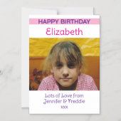 ハッピーバースデー写真名パープル磁気カード マグネット招待状 (正面)