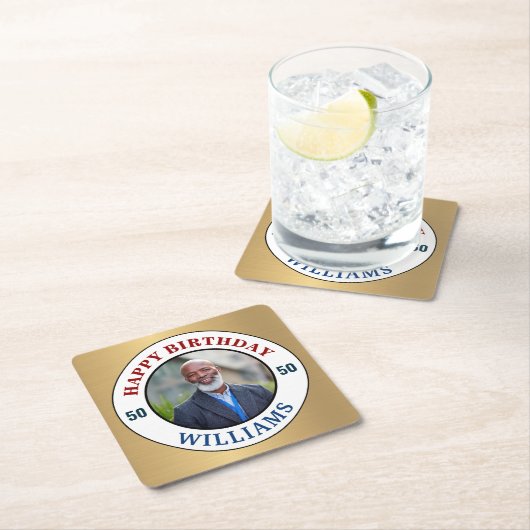 ハッピーバースデー写真50th Fifty モダン Personalize スクエアペーパーコースター (インサイチュ)