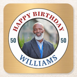 ハッピーバースデー写真50th Fifty モダン Personalize スクエアペーパーコースター