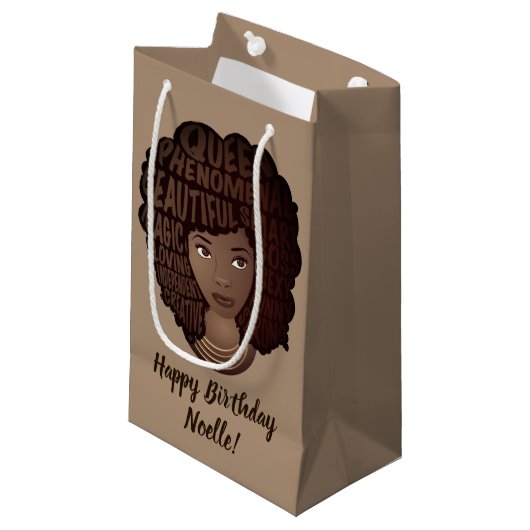 ハッピーバースデー励まし黒人女性ライトブラウン スモールペーパーバッグ (正面アングル)