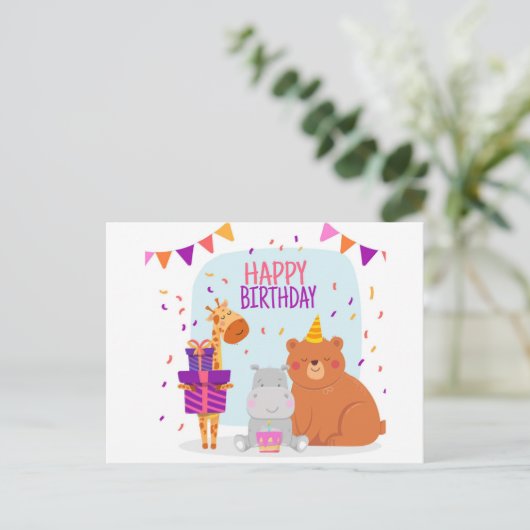 ハッピーバースデー動図解入りの、写真付きの物 案内ポストカード (スタンド正面)