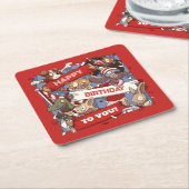 ハッピーバースデー動物のスポーツファンが風刺画を振る スクエアペーパーコースター (アングル)