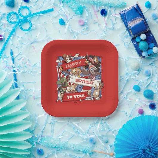 ハッピーバースデー動物のスポーツファンが風刺画を振る ペーパープレート (パーティー)