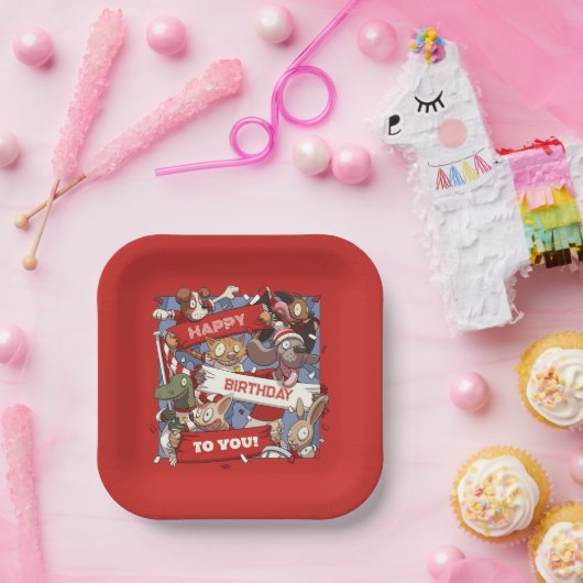 ハッピーバースデー動物のスポーツファンが風刺画を振る ペーパープレート (パーティー)
