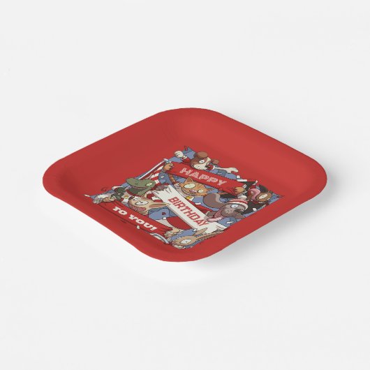 ハッピーバースデー動物のスポーツファンが風刺画を振る ペーパープレート (傾斜あり)