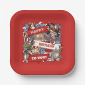 ハッピーバースデー動物のスポーツファンが風刺画を振る ペーパープレート (正面)