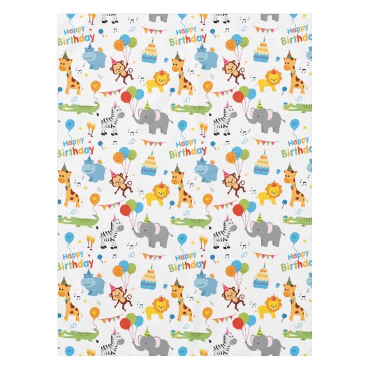 ハッピーバースデー動物パーティープリント テーブルクロス (正面)