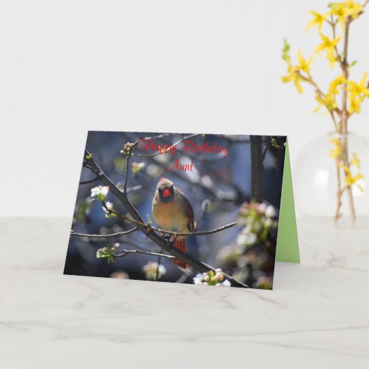 ハッピーバースデー叔母メス(鳥)ショウジョウコウカンチョウ カード (黄色い花)