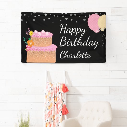 ハッピーバースデー名お誕生日ケーキとバルーン 横断幕 (インサイチュ)