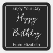 ハッピーバースデー名と送信者名（白黒） スクエアシール (正面)