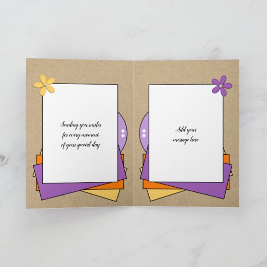 ハッピーバースデー名を追加紫オレンジ色の薄紫素朴 カード (内部)