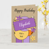 ハッピーバースデー名を追加紫オレンジ色の薄紫素朴 カード (黄色い花)