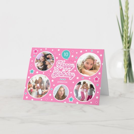ハッピーバースデー名エージフォトコラージブライトピンク カード (正面)