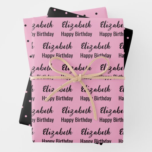 ハッピーバースデー名ブラックライトピンク水玉模様 ラッピングペーパーシート (インサイチュ)