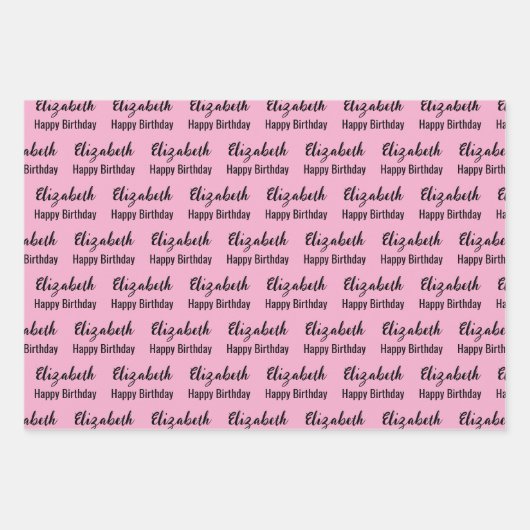 ハッピーバースデー名ブラックライトピンク水玉模様 ラッピングペーパーシート (正面)