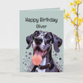 ハッピーバースデー名前をカスタムするおもしろいグレートダネドッグ カード (黄色い花)