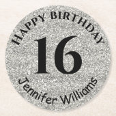 ハッピーバースデー名前をカスタムするエイジイヤーシルバーグリッター ラウンドペーパーコースター (正面)