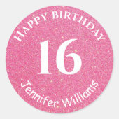 ハッピーバースデー名前をカスタムするエイジノースピンクグリッター ラウンドシール (正面)