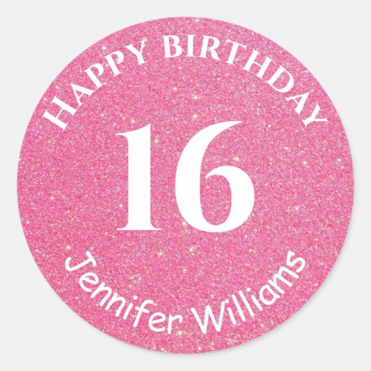 ハッピーバースデー名前をカスタムするエイジノースピンクグリッター ラウンドシール (正面)