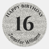 ハッピーバースデー名前をカスタムするエイジングイヤーシルバーグリッター ラウンドシール (正面)