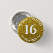 ハッピーバースデー名前をカスタムする年齢金ゴールドグリッター 缶バッジ (正面&裏面)