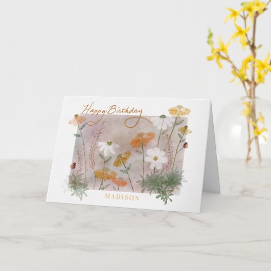 ハッピーバースデー名前をカスタムする水彩ワイルドフラワー カード (黄色い花)