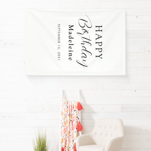 ハッピーバースデー名前をカスタムする白黒 横断幕 (インサイチュ)