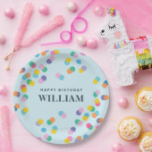 ハッピーバースデー名前をカスタムする紙吹雪パステルブルー ペーパープレート (パーティー)