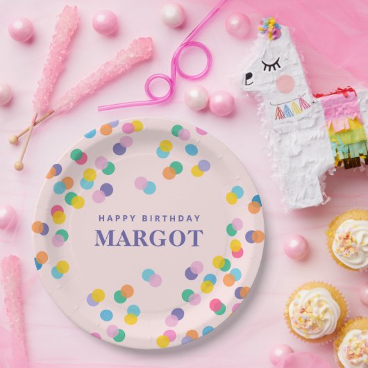 ハッピーバースデー名前をカスタムする紙吹雪赤面ピンク ペーパープレート (パーティー)