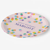 ハッピーバースデー名前をカスタムする紙吹雪赤面ピンク ペーパープレート (アングル)