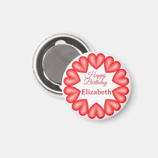 ハッピーバースデー名前をカスタムする赤いハート円枠 マグネット (正面/裏面)