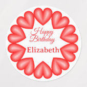 ハッピーバースデー名前をカスタムする赤いハート円枠 ラベル (デザイン1)