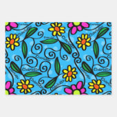 ハッピーバースデー名前を追加ピンクと黄色の花3 ラッピングペーパーシート (正面2)