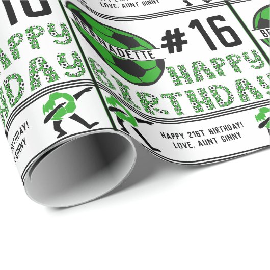 ハッピーバースデー名年齢気持ちサッカースポーツ ラッピングペーパー (ロールコーナー)