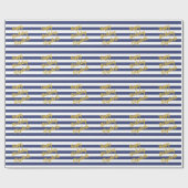 ハッピーバースデー名金ゴールドスクリプト青い白ストライプ色 ラッピングペーパー (フラット)