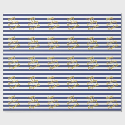 ハッピーバースデー名金ゴールドスクリプト青い白ストライプ色 ラッピングペーパー (フラット)