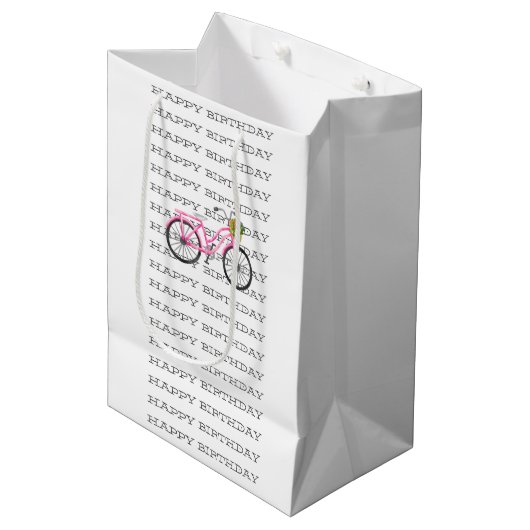 ハッピーバースデー名門私立校風のピンク自転車サマーおもしろい ミディアムペーパーバッグ (正面アングル)